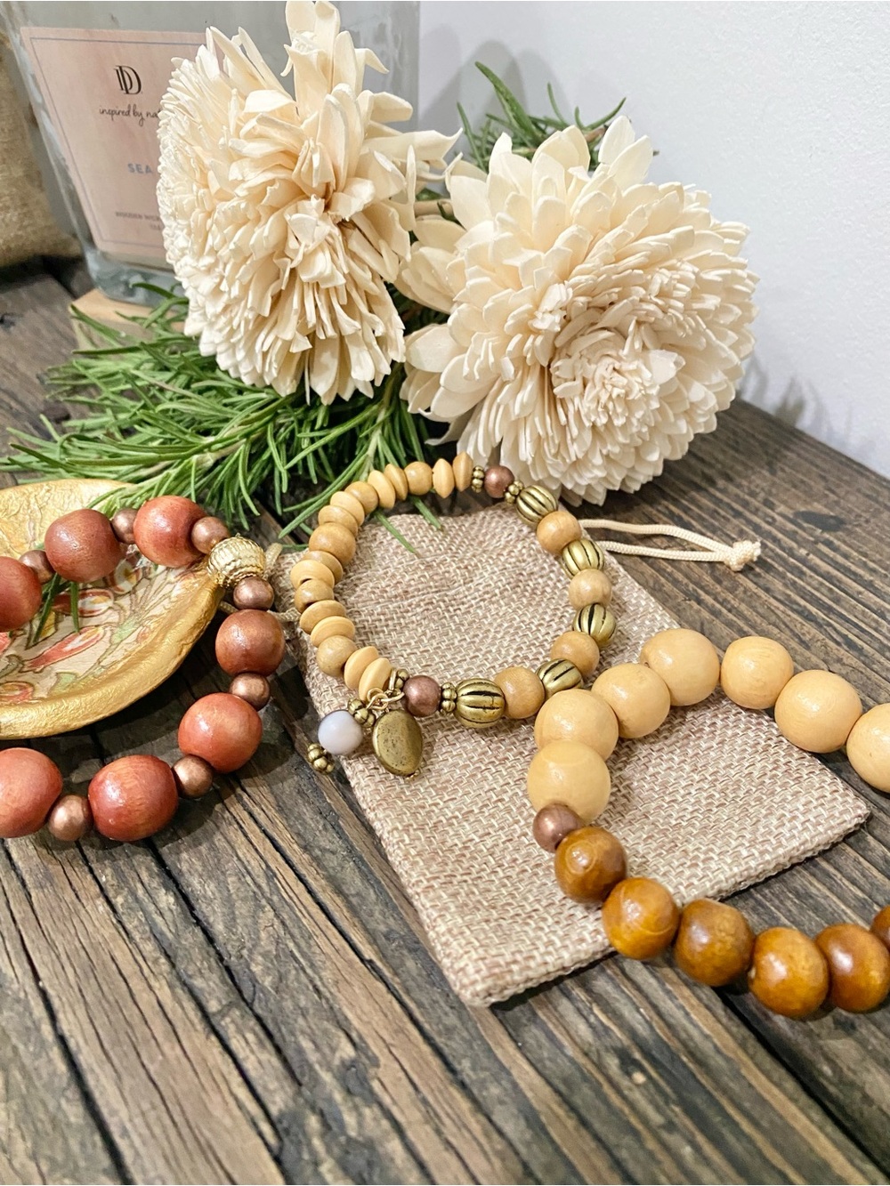 Boho Wooden Beaded Bracelet Stack, Brown, Red & Tan